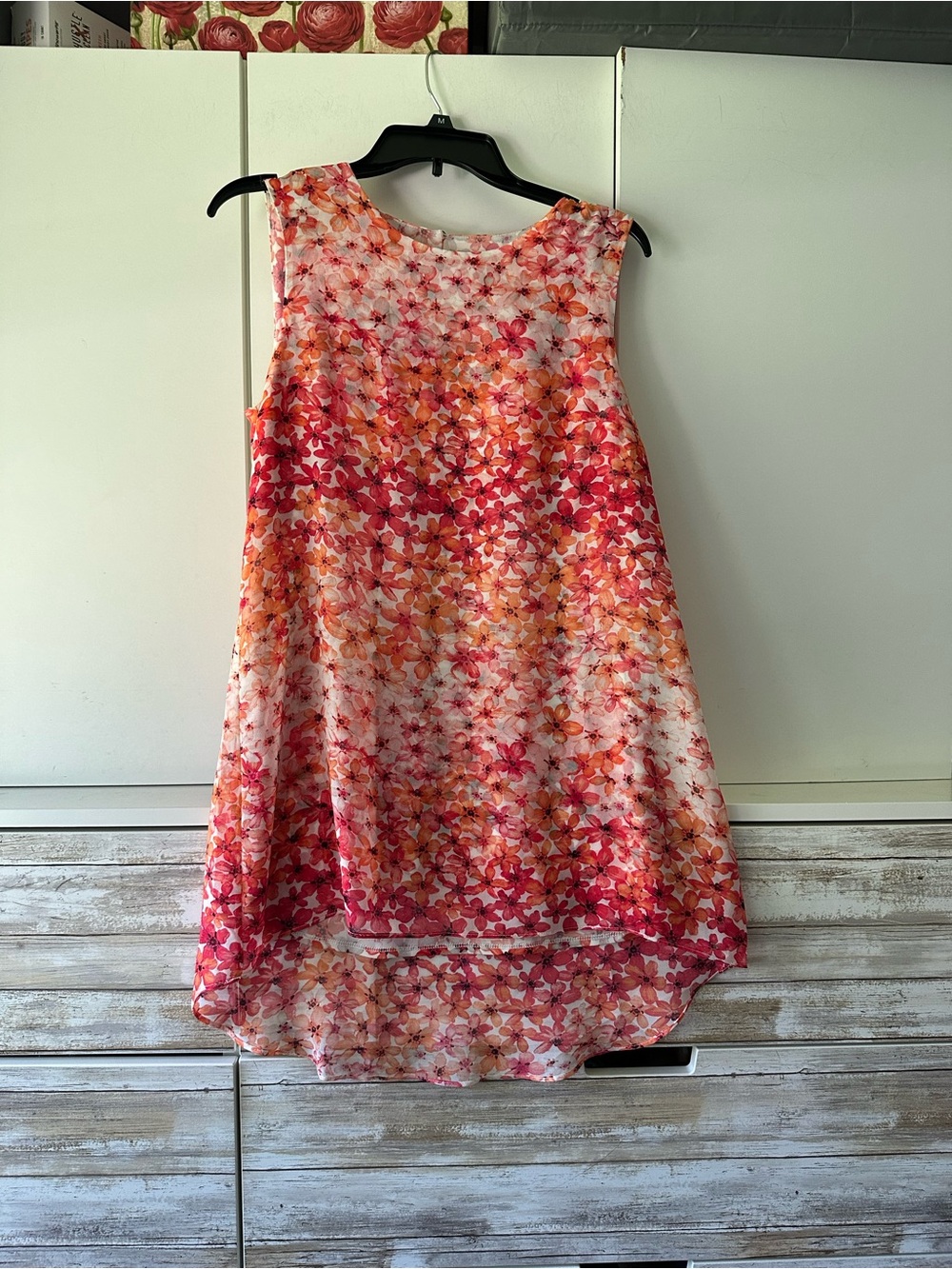 🌸 Calvin Klein Floral Overlay Shift Dress Hi-Low Hem Sleeveless Size Small